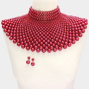 Bold Red Pearl Collar Necklace Set - Women Jewelry